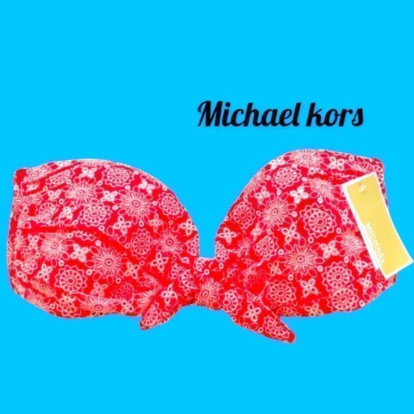 MICHAEL KORS NWT SWIMWEAR BATHING SUIT BANDEAU TOP SPRING 2020 SEA CORAL LARGE - Picture 1 of 4